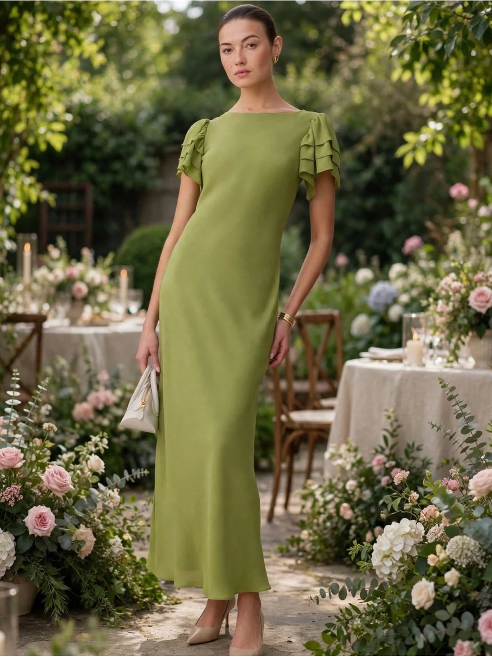 o.p.t. Leonor Olive Green Ruffle Sleeve Maxi Dress sz S